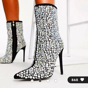 Simmi London Nakoa rhinestone embellished high heel boots. Black and silver,US 8